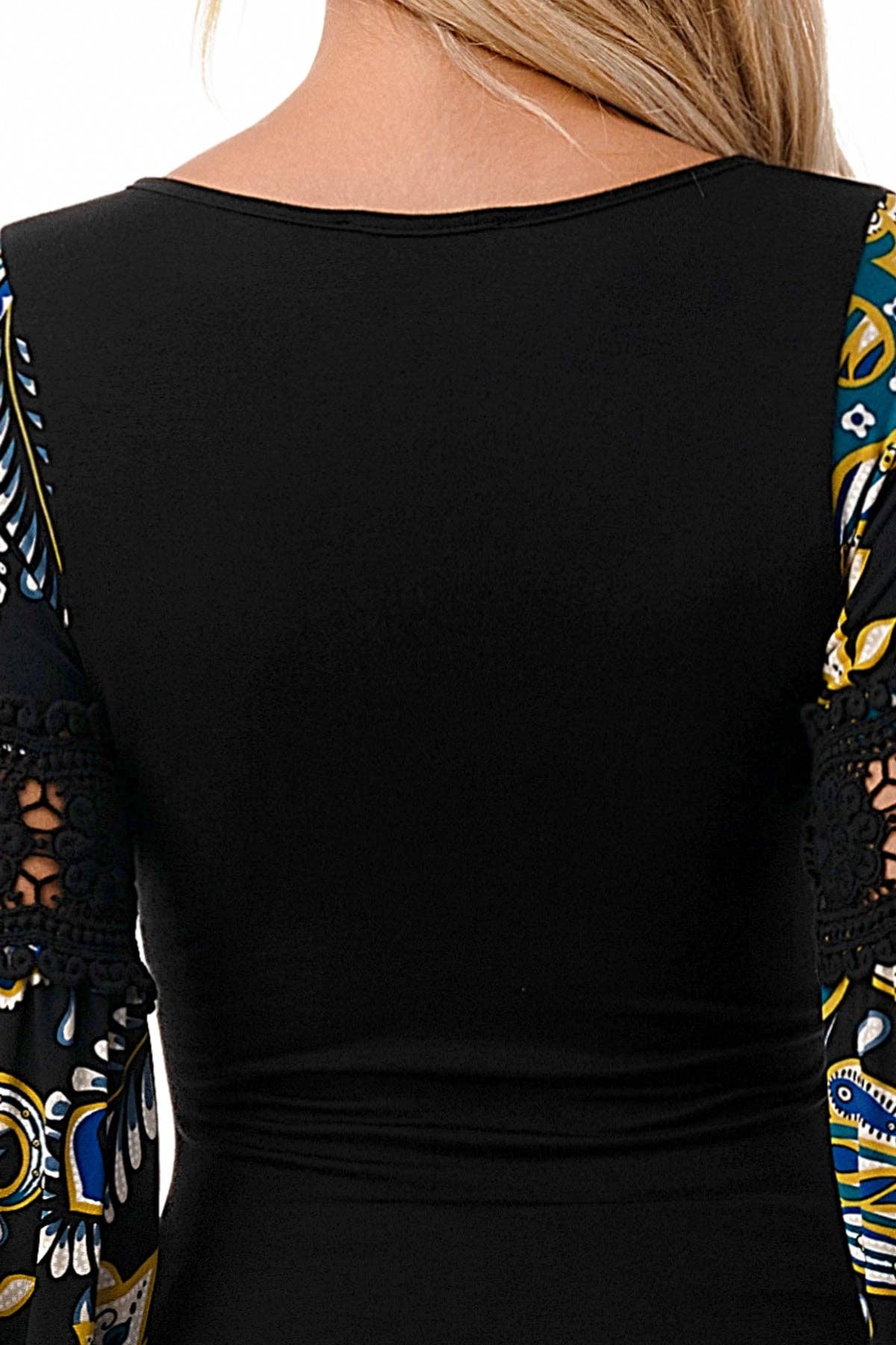 BLACK WRAP PREMIUM QUALITY V-NECK DRAMATIC MULTICOLOR DETAILED SLEEVES WOMEN'S TOP | Charlotte's Classy Closet