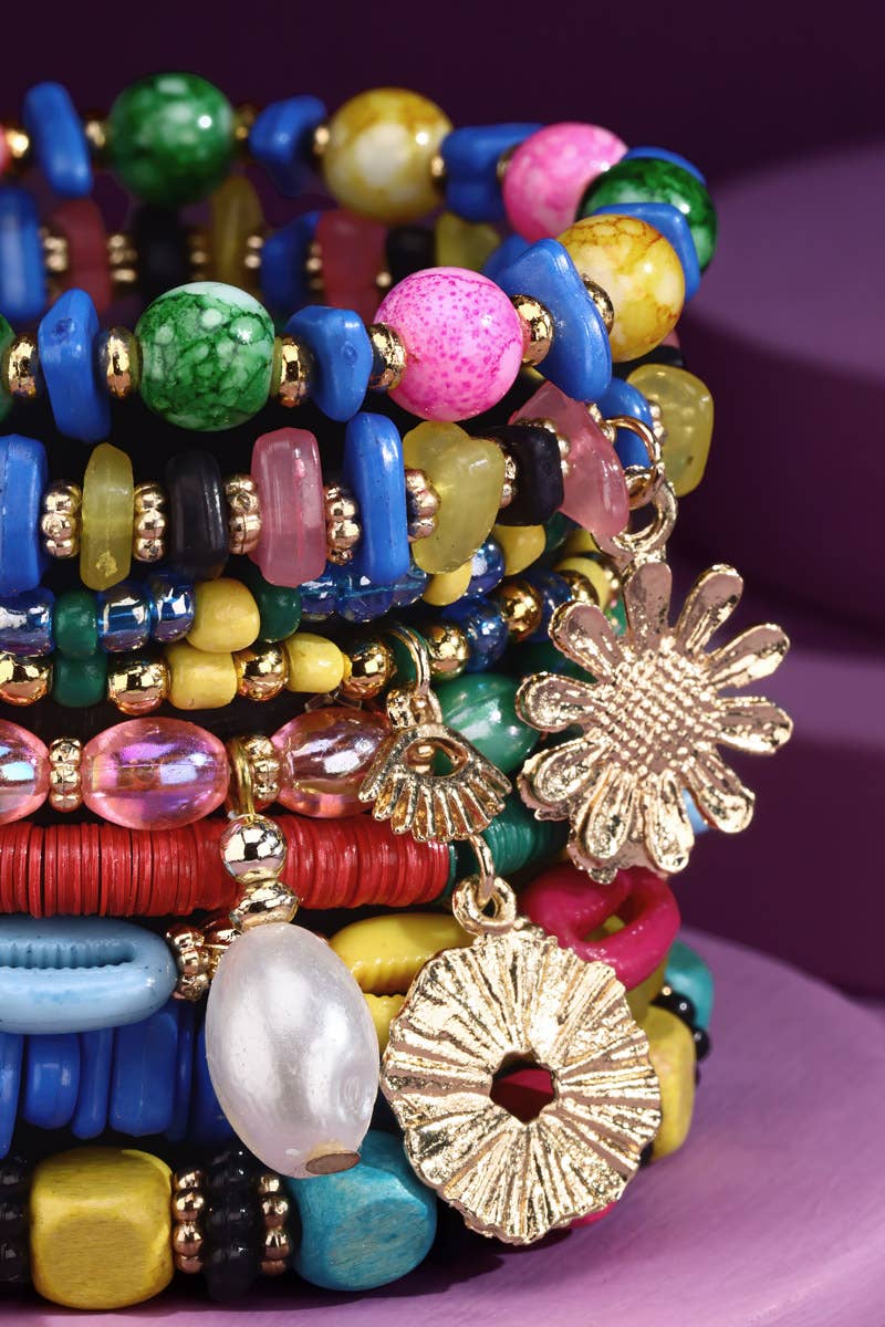 Multi Color Gorgeous 9-Strand Stackable Stretch Bracelet with Charms 