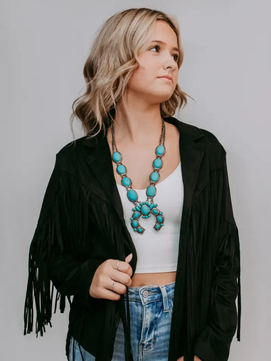 PLUS SIZE DELUXE BLACK FAUX SUEDE FRINGE JACKET WITH RHINESTONES ON BACK | 2X & 3X ONLY | Charlotte's Classy Closet