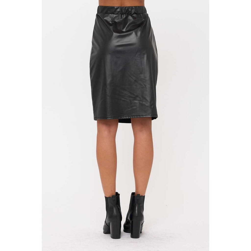FAUX LEATHER ELASTIC WAIST SLIT SIDE PENCIL SKIRT