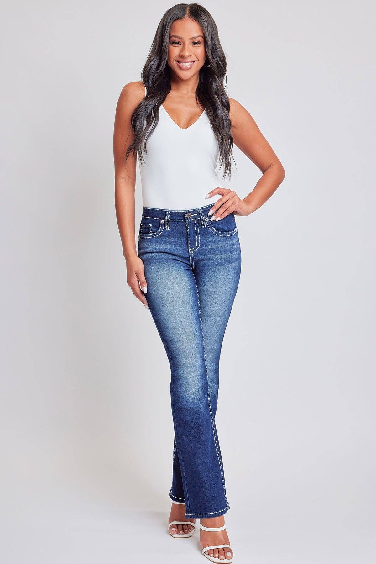Mid Rise Faded Bootcut Dark Wash Denim Jeans - Embroidery Fleur De Lis Pockets
