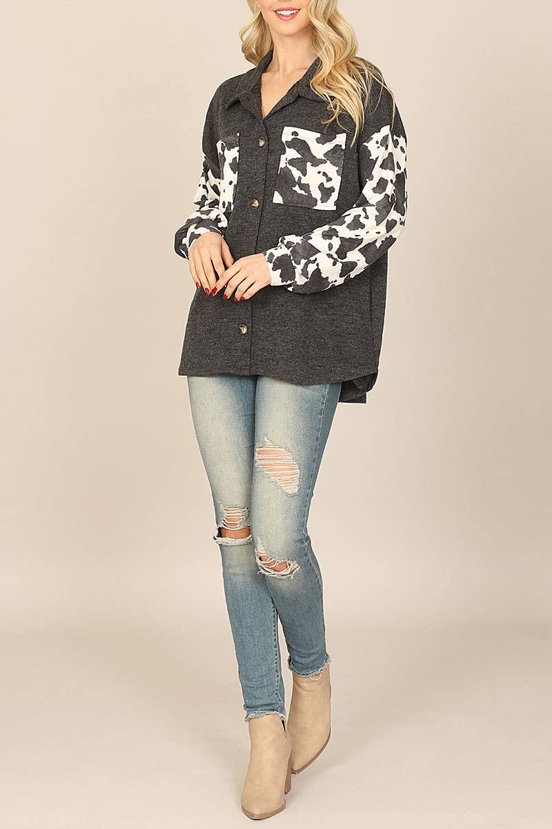 Cow Print Contrast Long Sleeve Front Pocket Shacket
