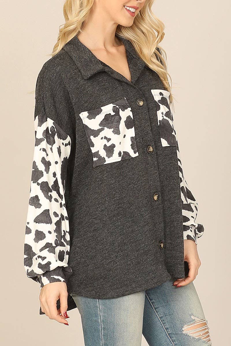 Cow Print Contrast Long Sleeve Front Pocket Shacket