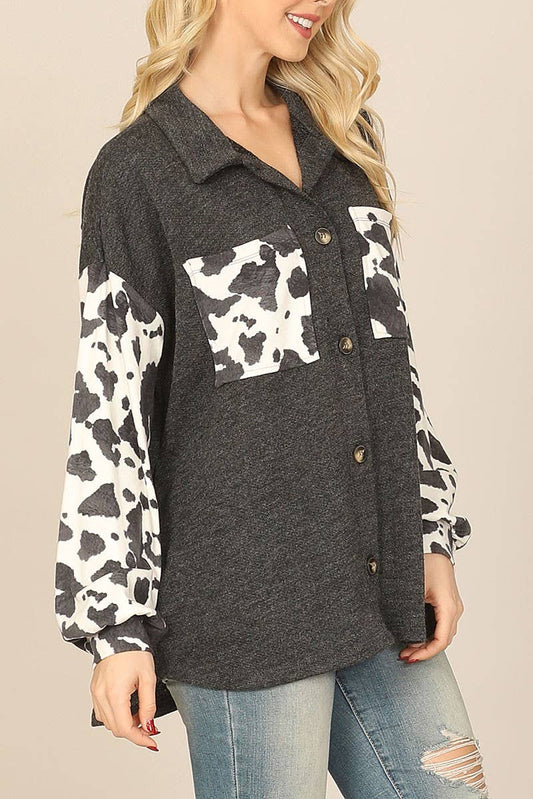 Cow Print Contrast Long Sleeve Front Pocket Shacket