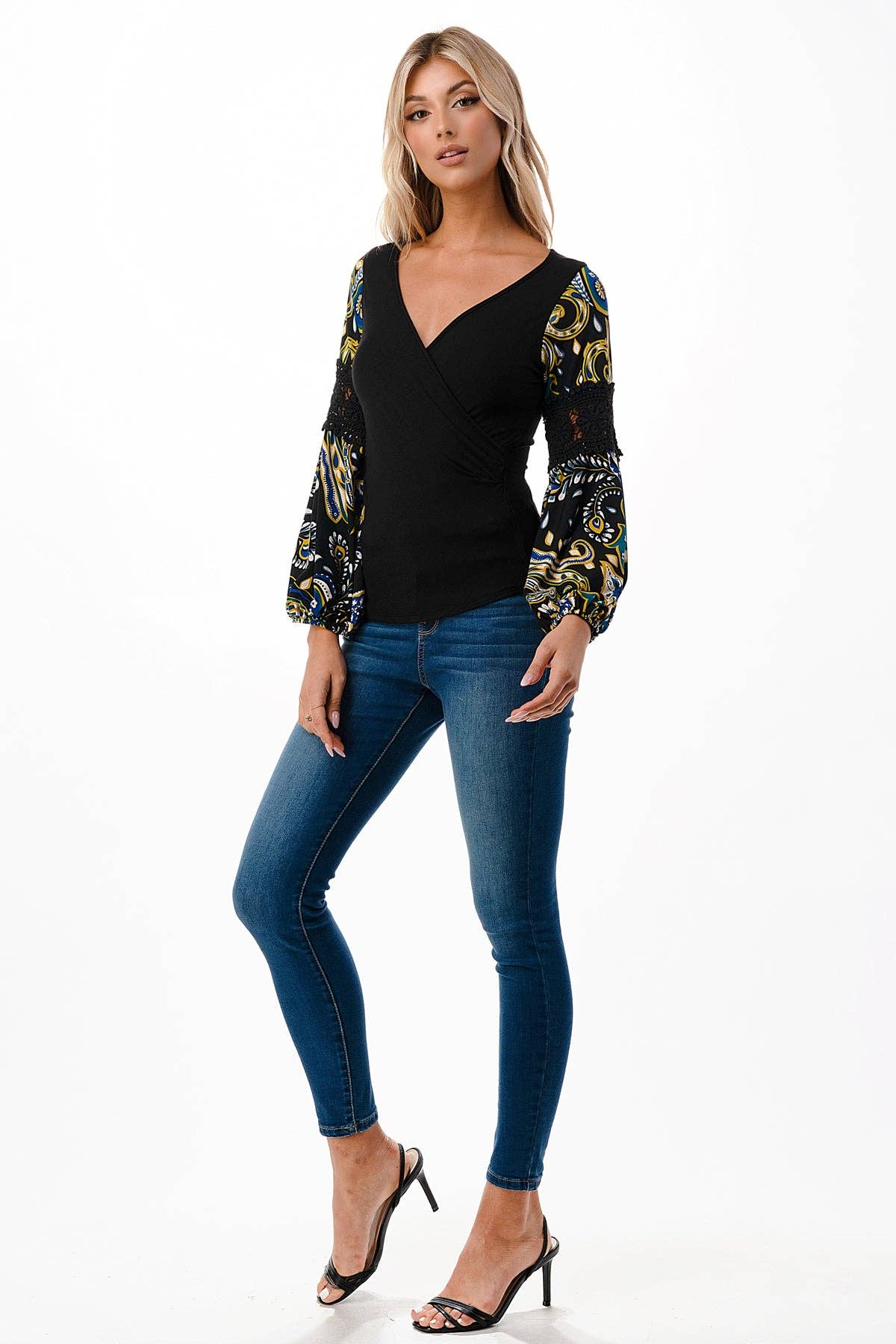 BLACK WRAP PREMIUM QUALITY V-NECK DRAMATIC MULTICOLOR DETAILED SLEEVES WOMEN'S TOP | Charlotte's Classy Closet