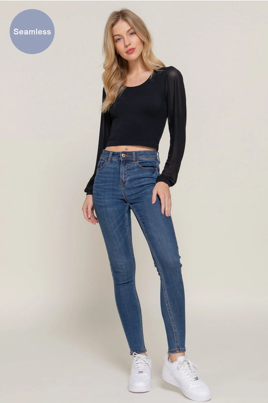 KNIT SEAMLESS SHEER LONG SLEEVES CROP TOP | S/M OR M/L | BLACK OR DARK RUST | Charlotte's Classy Closet