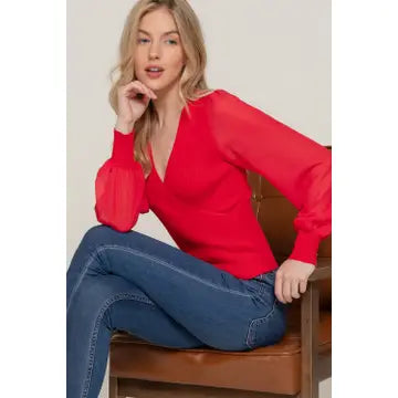 Christmas Holiday Chiffon Long Sleeve Front Wrap Neck Lightweight Sweater - Red or Black | Charlotte's Classy Closet