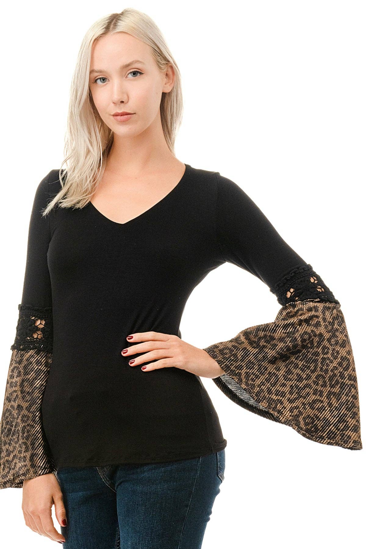 Black V-Neck Luxurious Rayon Wrap Top with Shimmering Leopard Print Bell Long Sleeve Top | Charlotte's Classy Close