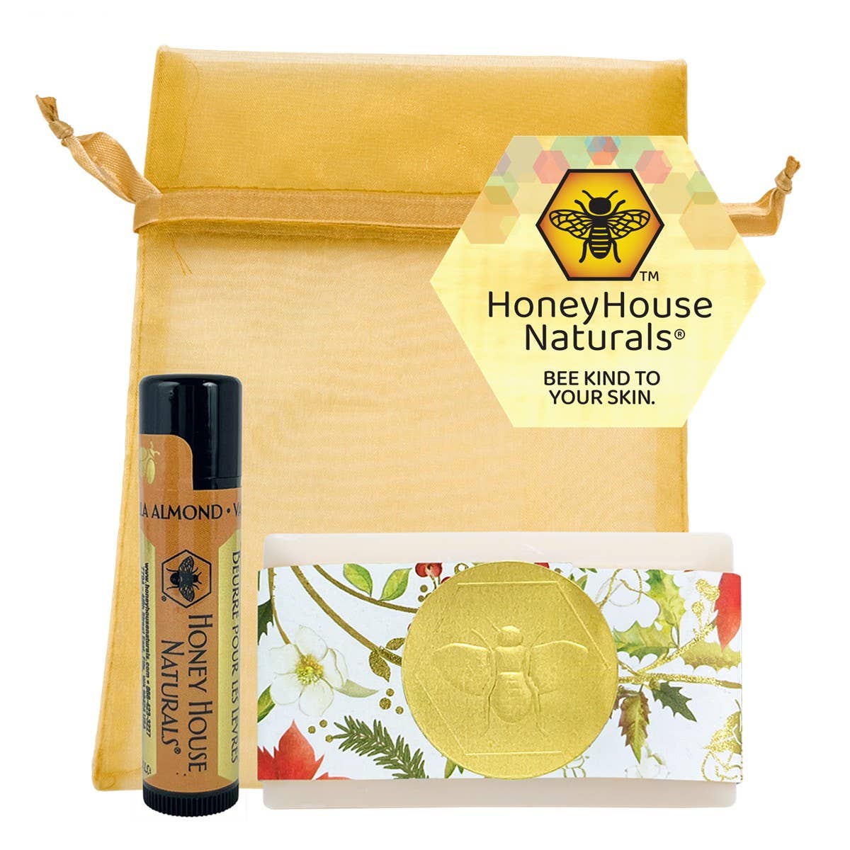 2 Piece Mini Soap & Lip Butter Gift Set In a Beautiful Gold Tulle Bag