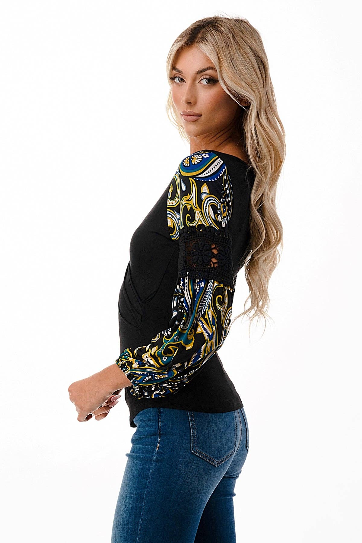 BLACK WRAP PREMIUM QUALITY V-NECK DRAMATIC MULTICOLOR DETAILED SLEEVES WOMEN'S TOP | Charlotte's Classy Closet