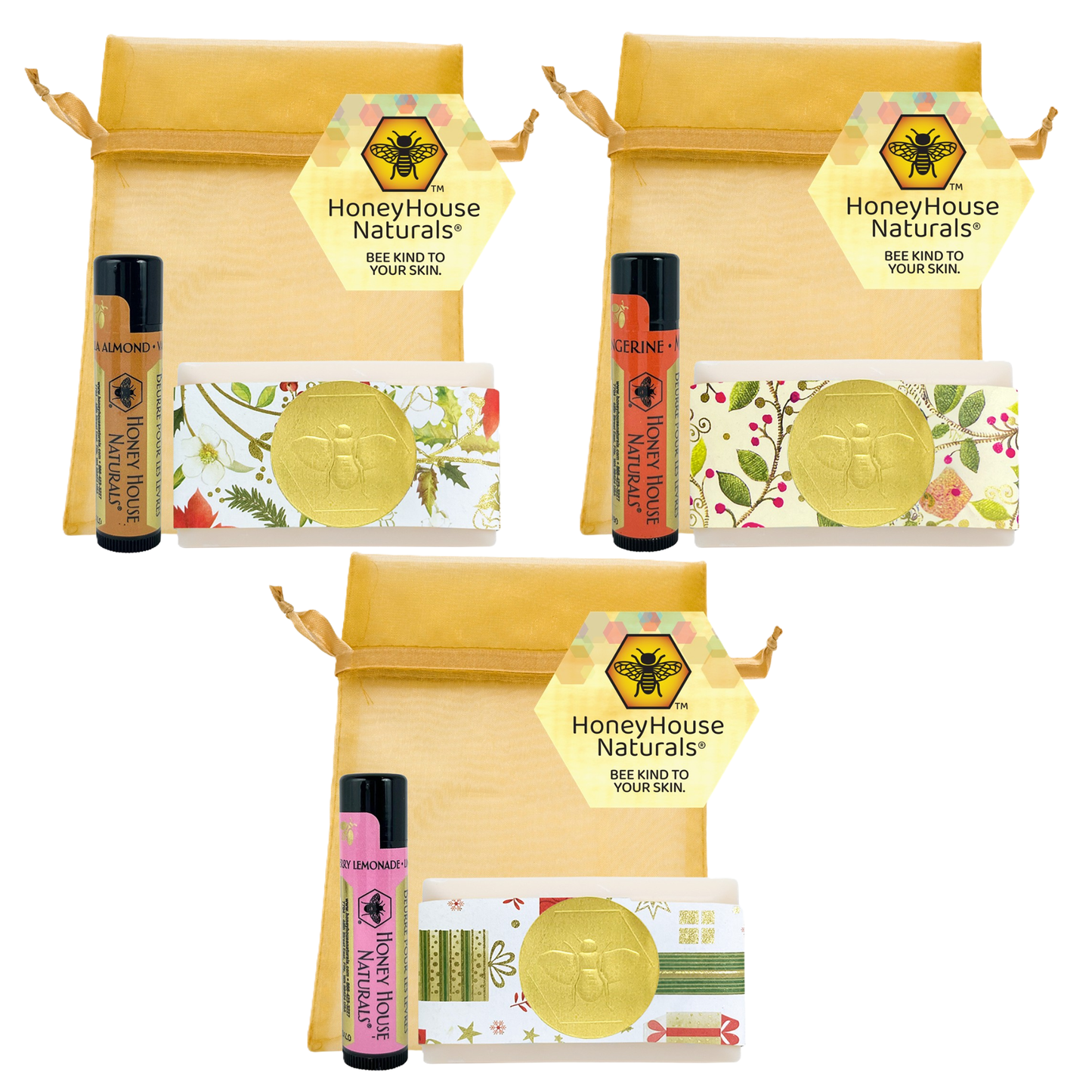2 Piece Mini Soap & Lip Butter Gift Set In a Beautiful Gold Tulle Bag