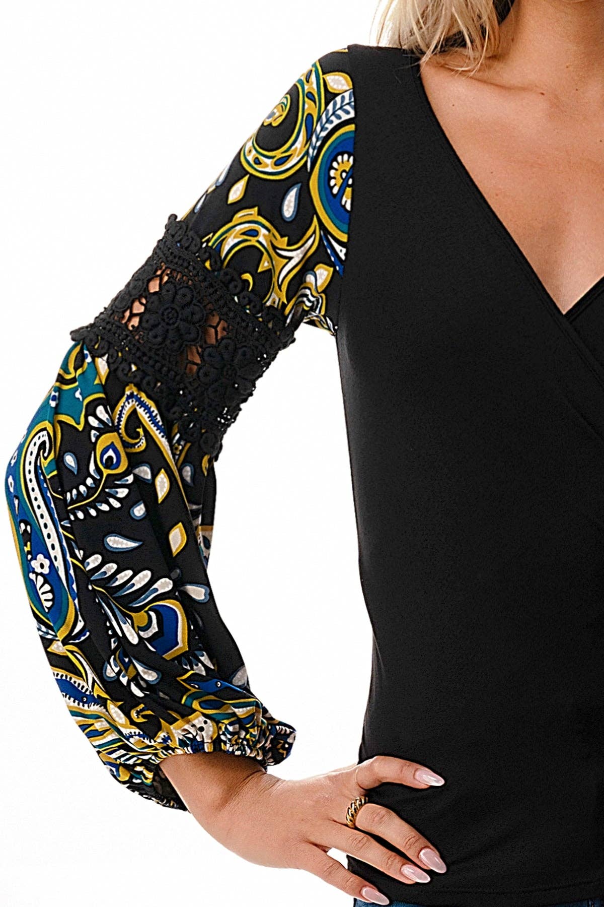 BLACK WRAP PREMIUM QUALITY V-NECK DRAMATIC MULTICOLOR DETAILED SLEEVES WOMEN'S TOP | Charlotte's Classy Closet