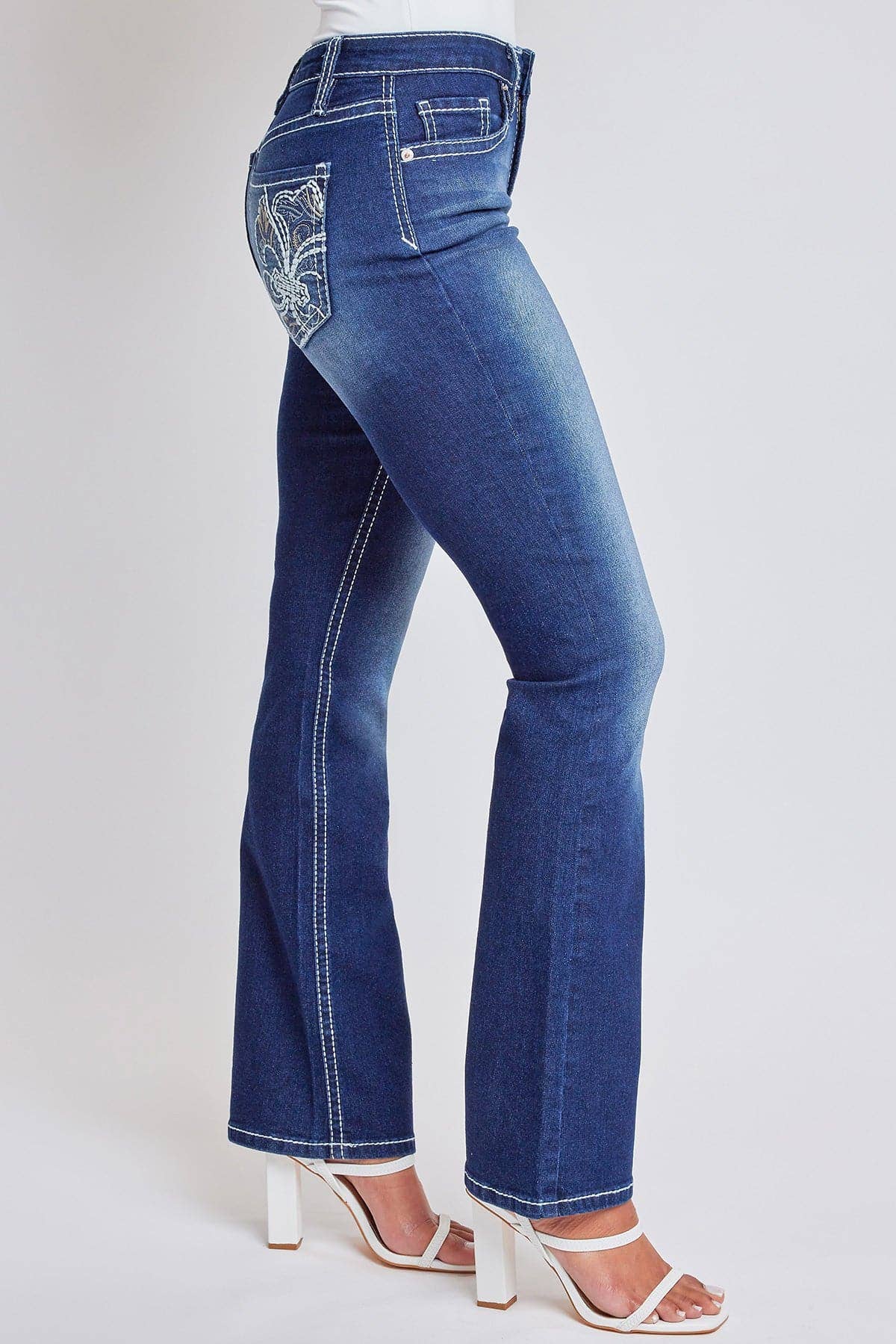 Mid Rise Faded Bootcut Dark Wash Denim Jeans - Embroidery Fleur De Lis Pockets