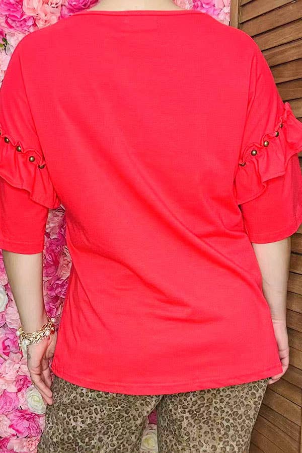 Southern Stitch Coral Red Studded Double Ruffle Elbow Length Sleeve | Large & XL Only