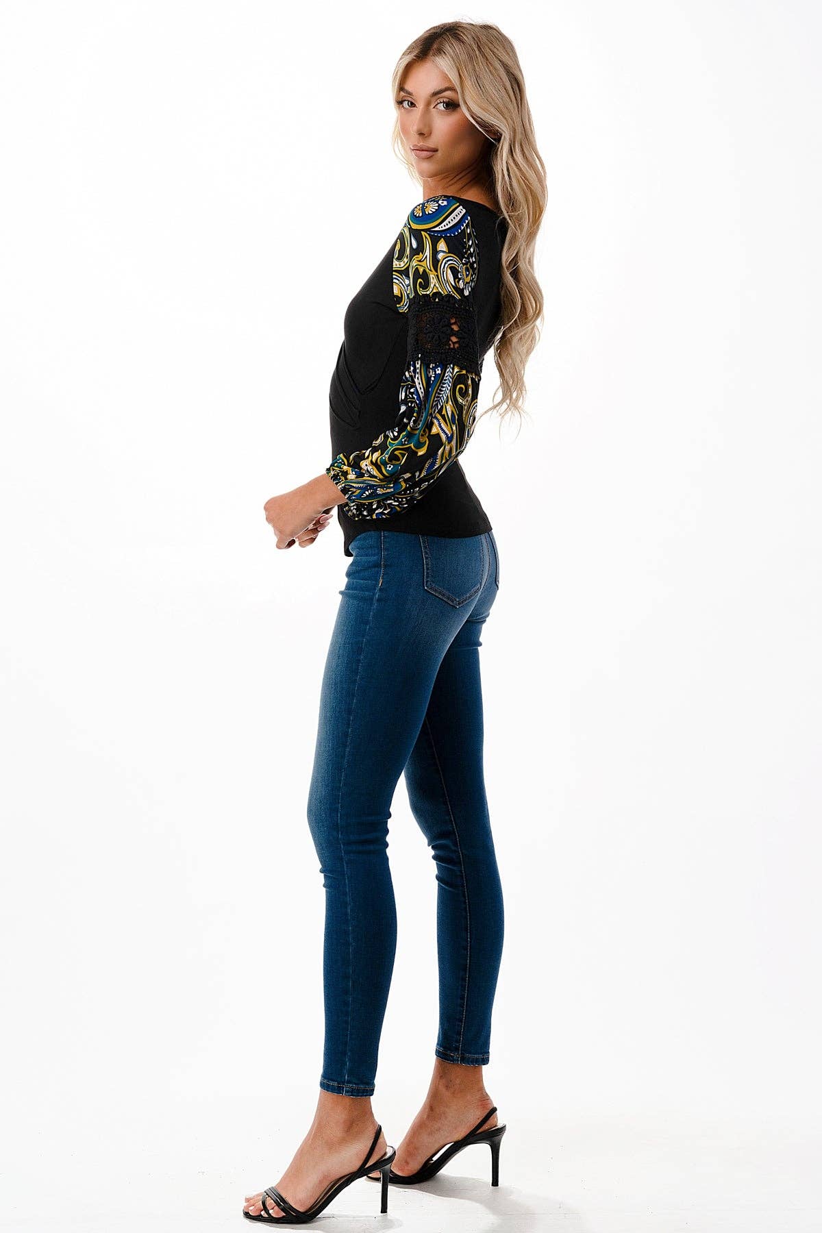 BLACK WRAP PREMIUM QUALITY V-NECK DRAMATIC MULTICOLOR DETAILED SLEEVES WOMEN'S TOP | Charlotte's Classy Closet