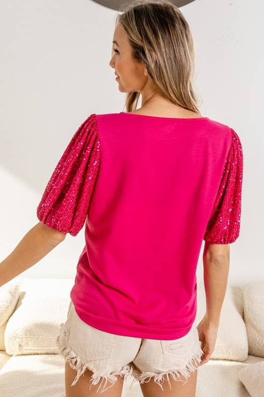 Christmas Holiday Fuchsia French Terry Knit Top with Matching Color Puff Sequin Sleeves | Charlotte's Classy Closet
