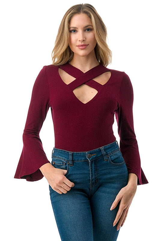 V-NECK CRISS-CROSS NECKLINE LONG BELL SLEEVE TOP | Charlotte's Classy Closet