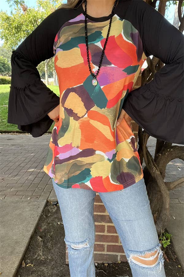 SOUTHERN STITCH MULTI COLOR BODY BLACK RAGLAN BELL LONG SLEEVE