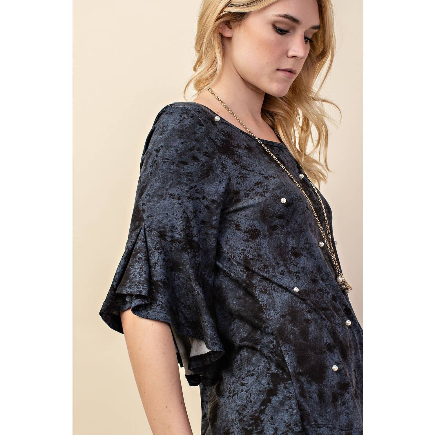 VOCAL BRAND WATERFALL RUFFLE 3/4 LENGTH SLEEVE JERSEY KNIT TOP ADORNED WITH PEARLS