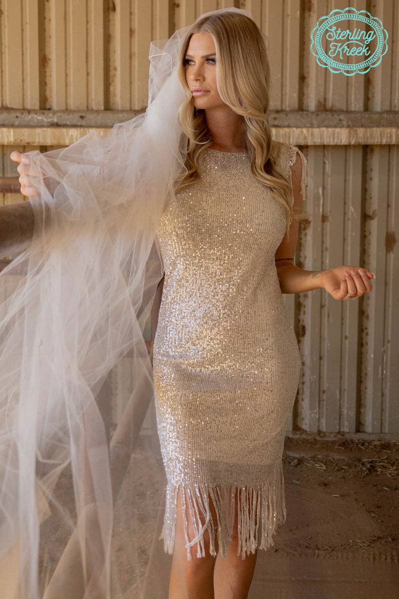 Sequin Ivory Fringe Short Sleeve and Hem Dress - photo 1