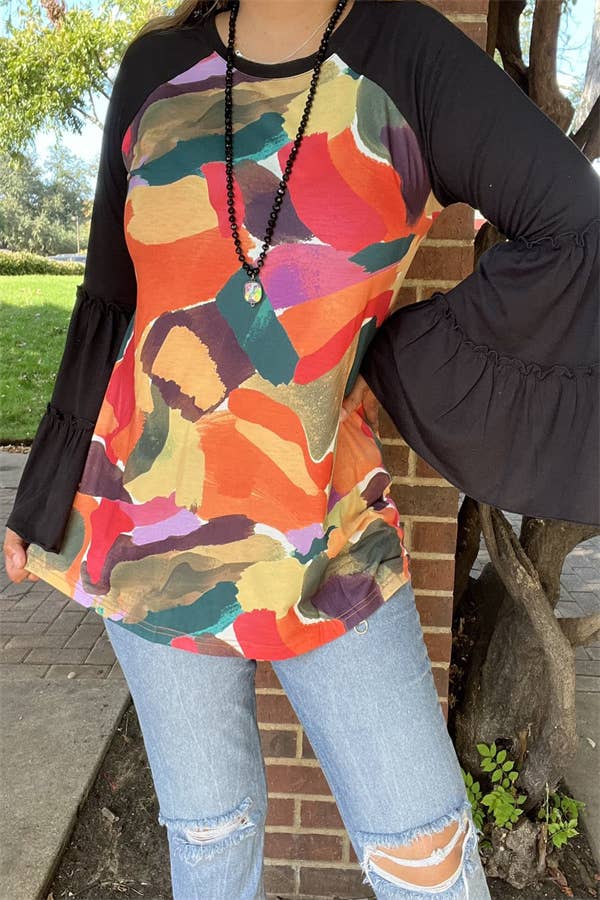 SOUTHERN STITCH MULTI COLOR BODY BLACK RAGLAN BELL LONG SLEEVE