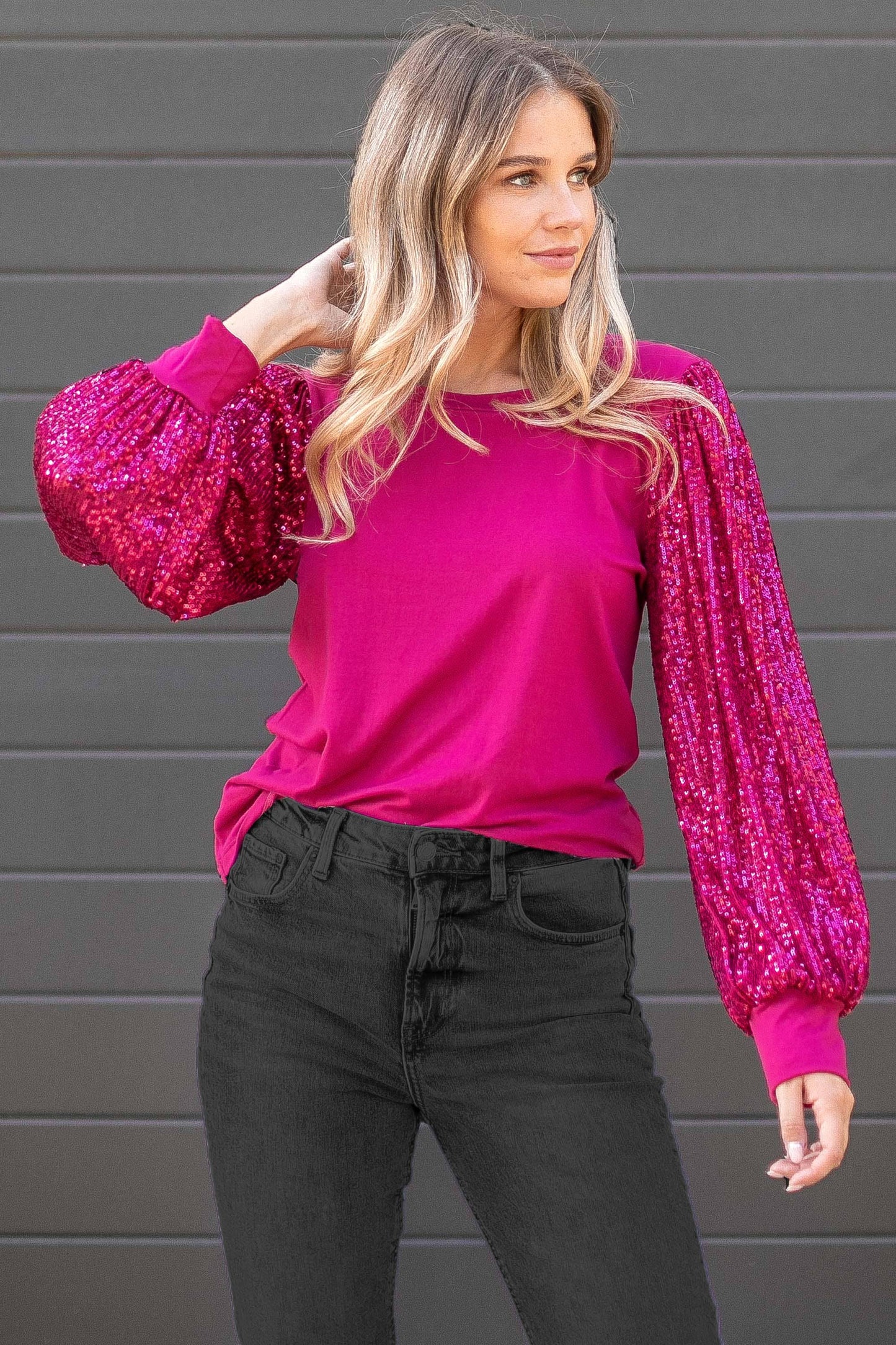 Christmas Holiday Fuchsia French Terry Knit Top with Matching Color Puff Sequin Long Sleeves | Charlotte's Classy Closet - NEW ARRIVAL