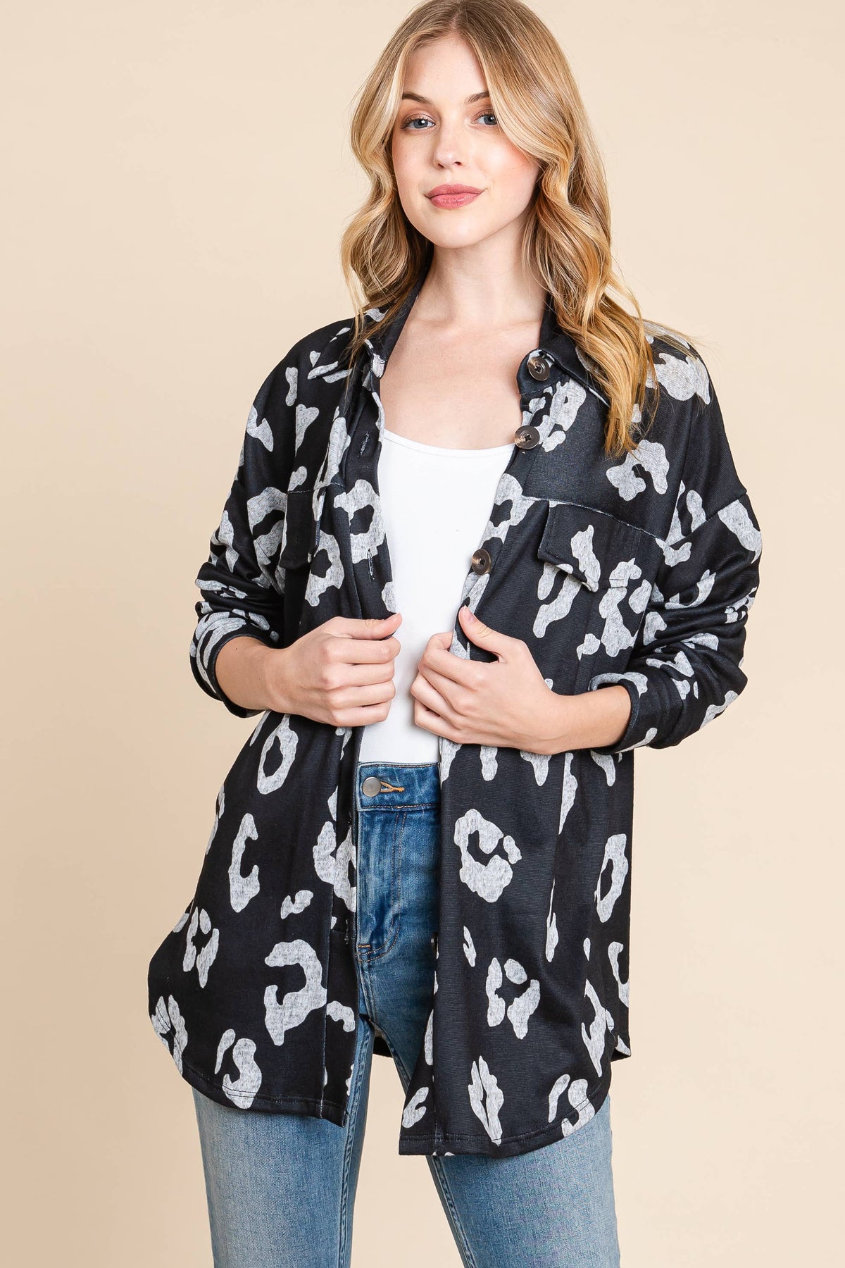 LIGHTWEIGHT BLACK & GRAY BUTTON DOWN L/S SHACKET  | LARGE & XL ONLY | Charlotte's Classy Closet