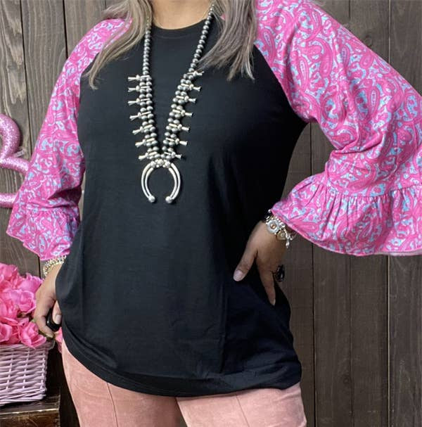 Southern Stitch Black Knit Top with Purple & Blue Printed Raglan Sleeves, Sizes S-3X | Charlotte's Classy Closet 