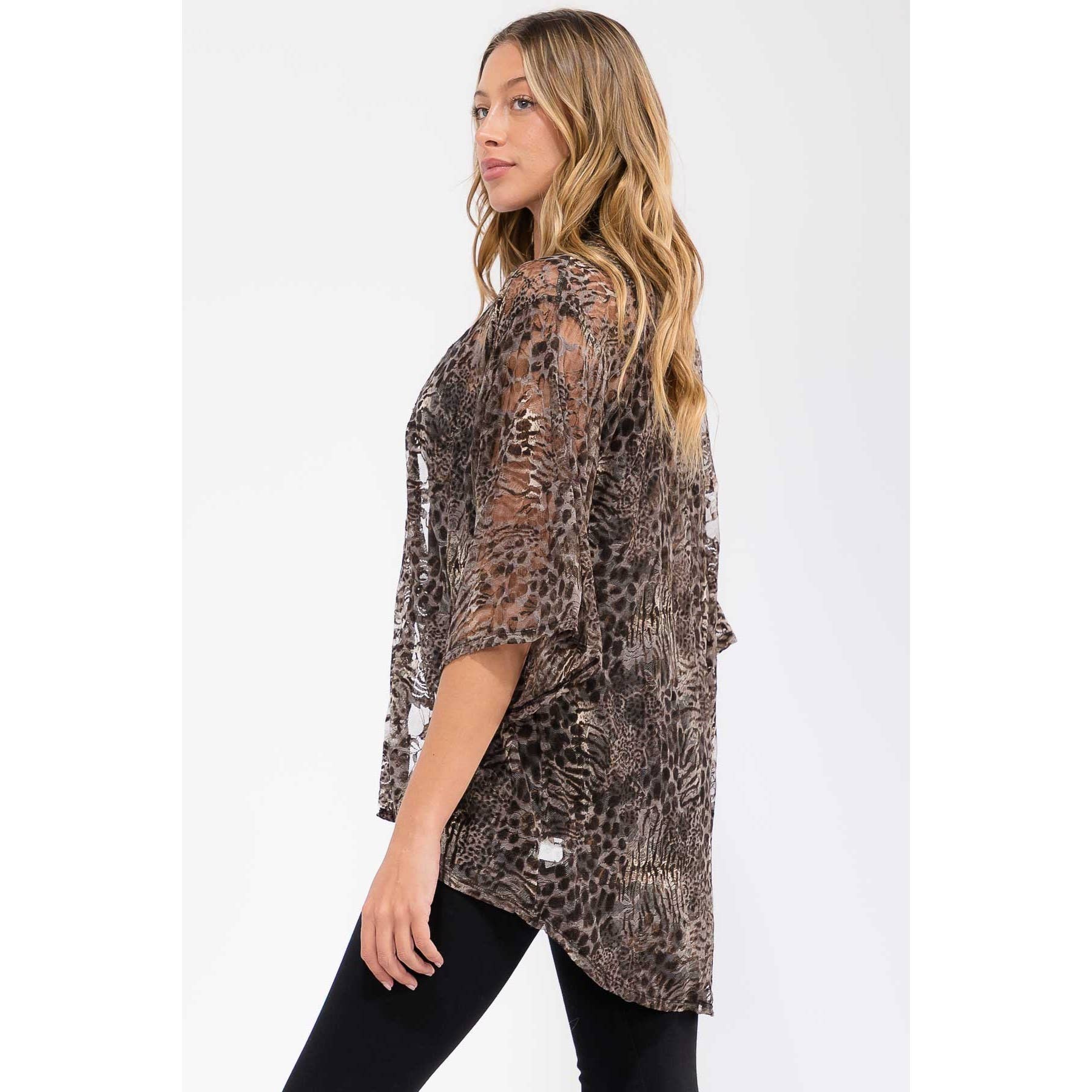 ANIMAL PRINT LIGHTWEIGHT LACE KIMONO STYLE BELL 3/4 SLEEVE CARDIGAN
