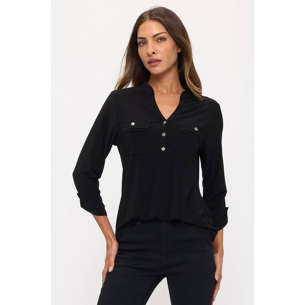 BLACK ROLL TAB HALF PLACKET MANDARIN SHIRT