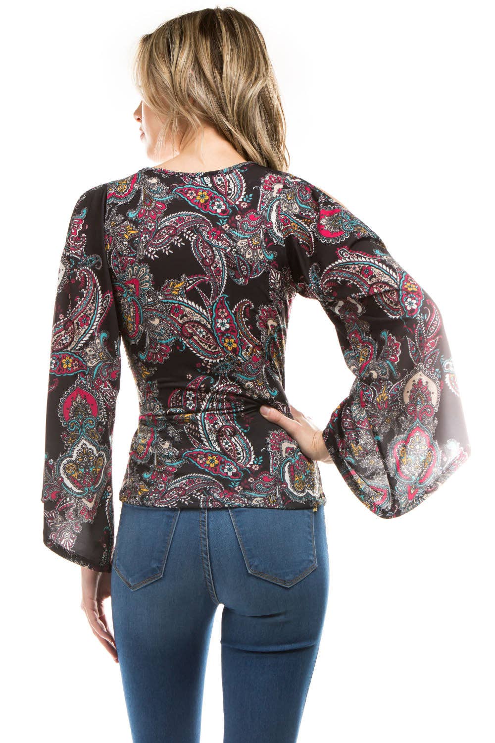 BLACK PAISLEY COLD SHOULDER with GORGEOUS BELL SLEEVE WOMEN'S TOP