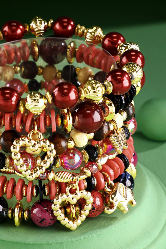 Red Multi Color 7 Layered Multi-Bead Stretch Bracelet with Charms