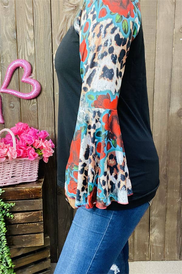 MULTI COLOR RAGLAN LONG BELL SLEEVE BLACK WOMEN'S TOP | Large Only