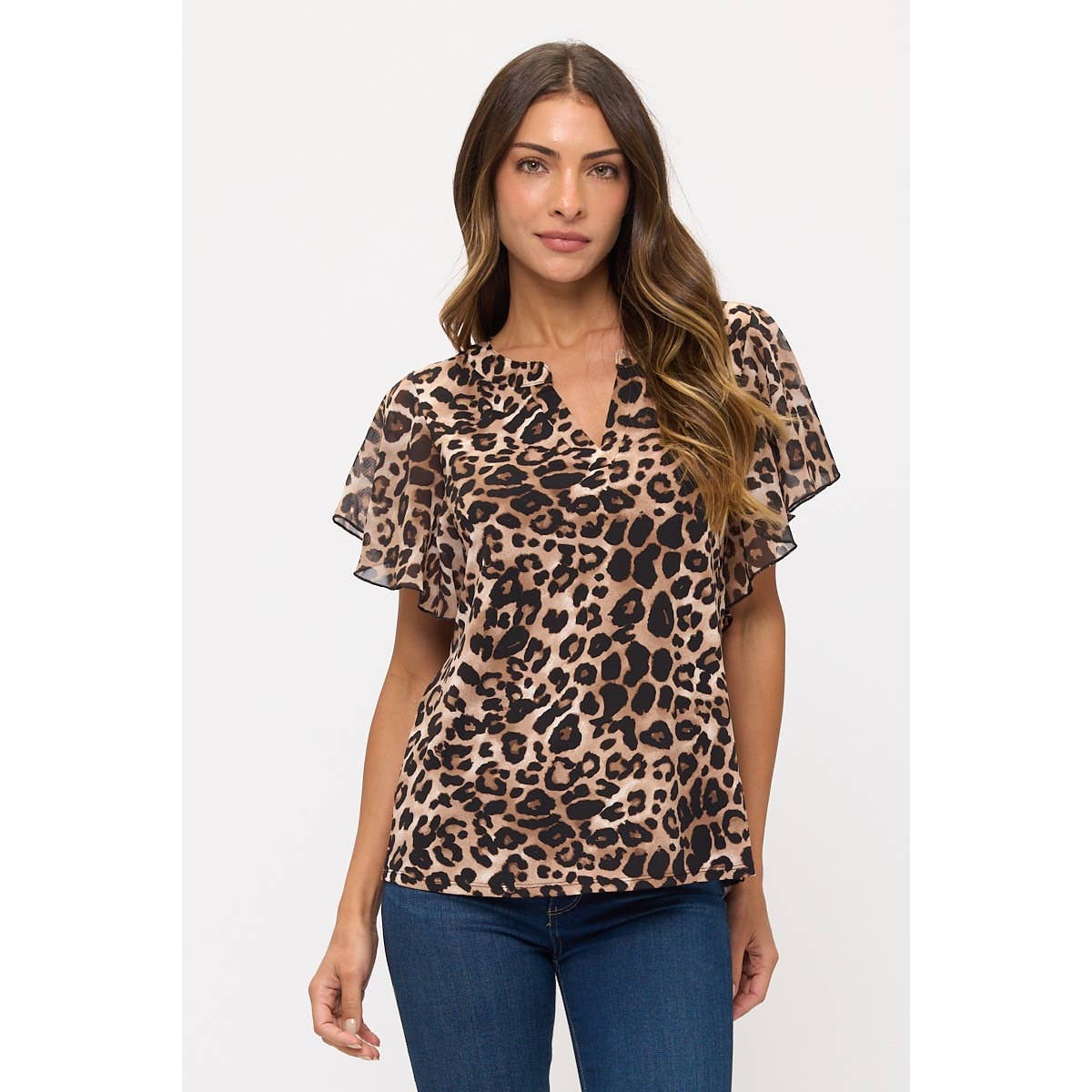 ANIMAL PRINT MIX MEDIA FLUTTER HALF PLACKET BLOUSE | Charlotte's Classy Closet