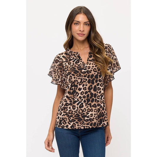 ANIMAL PRINT MIX MEDIA FLUTTER HALF PLACKET BLOUSE | Charlotte's Classy Closet
