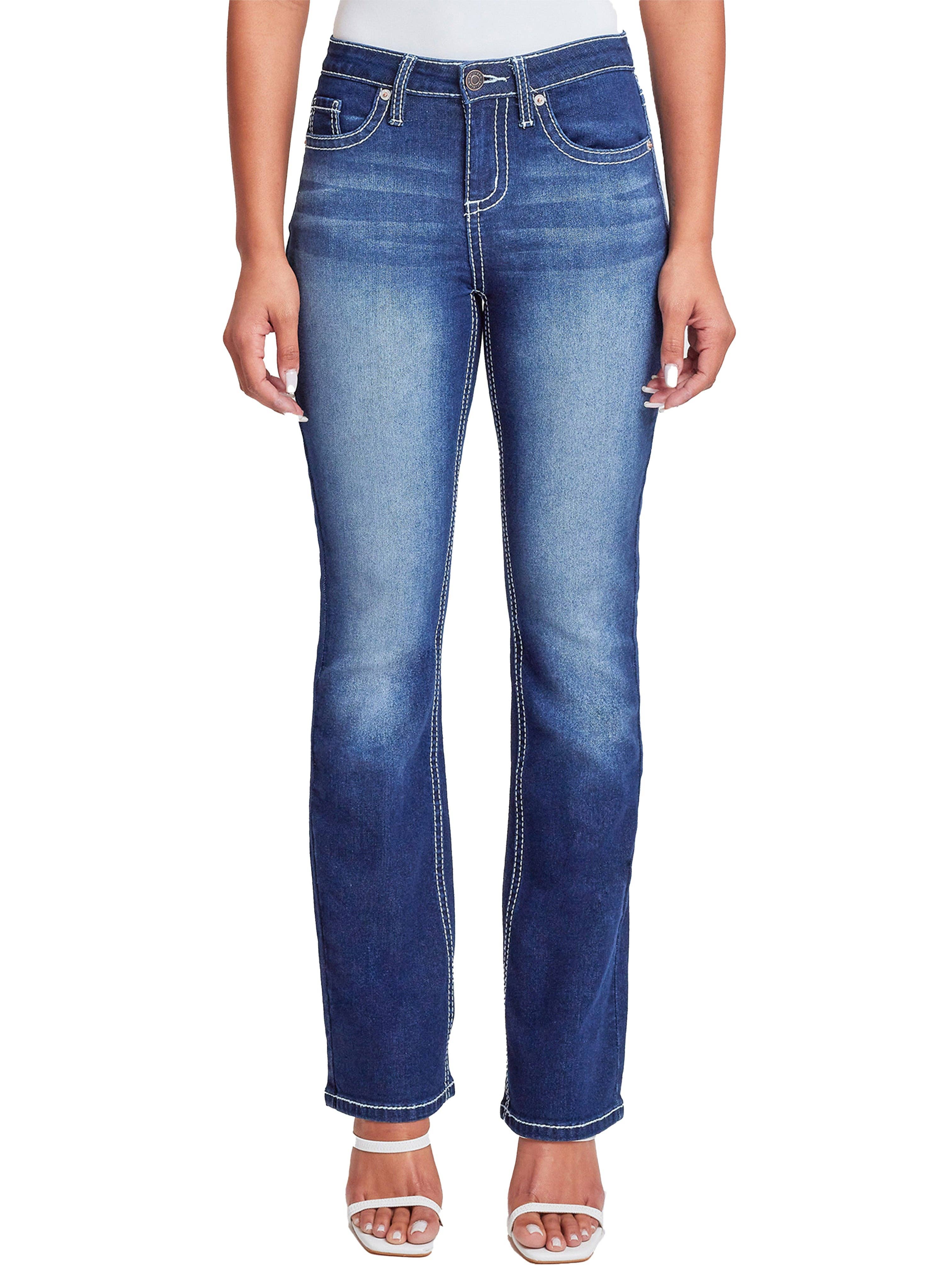 Mid Rise Faded Bootcut Dark Wash Denim Jeans - Embroidery Fleur De Lis Pockets