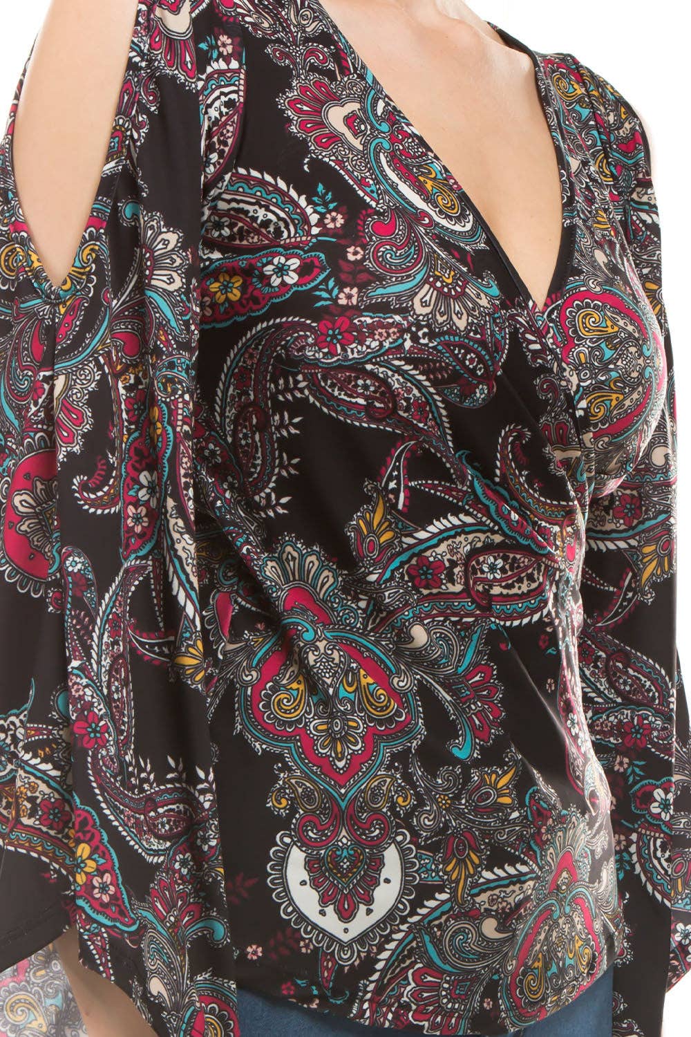 BLACK PAISLEY COLD SHOULDER with GORGEOUS BELL SLEEVE WOMEN'S TOP