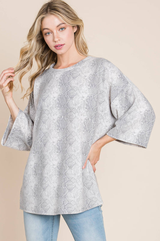 BRUSHED KNIT GRAY SNAKESKIN 3/4 BELL SLEEVE WOMEN'S TUNIC | SIZE MEDIUM ONLY | Charlotte's Classy Closet