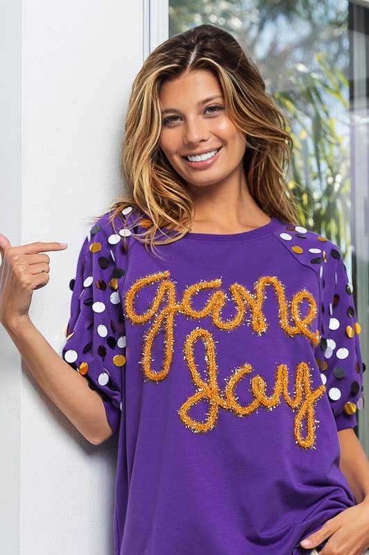 Game Day Metallic Letter Spangle Sparkles on Sleeve Top Purple & Gold or Black & Gold | Charlotte's Classy Closet