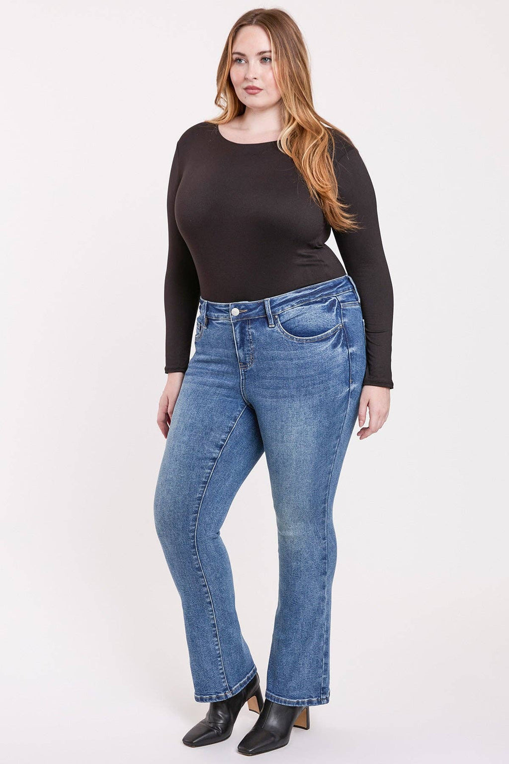 PLUS SIZE TUMMY CONTROL HIGH RISE PREMIUM STRETCH BOOTCUT JEANS | Charlotte's Classy Closet