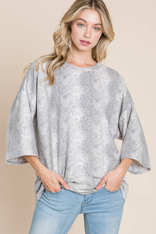 BRUSHED KNIT GRAY SNAKESKIN 3/4 BELL SLEEVE WOMEN'S TUNIC | SIZE MEDIUM ONLY | Charlotte's Classy Closet