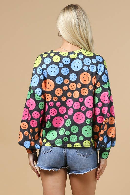 Bright Multi Color Smiley Face Lightweight Long Sleeve Top - photo 3