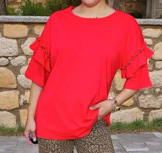 SOUTHERN STITCH CORAL RED DOUBLE RUFFLE & BRONZE STUDDED ELBOW LENGTH SLEEVE TOP | LARGE & XL ONLY | Charlotte's Classy Closet