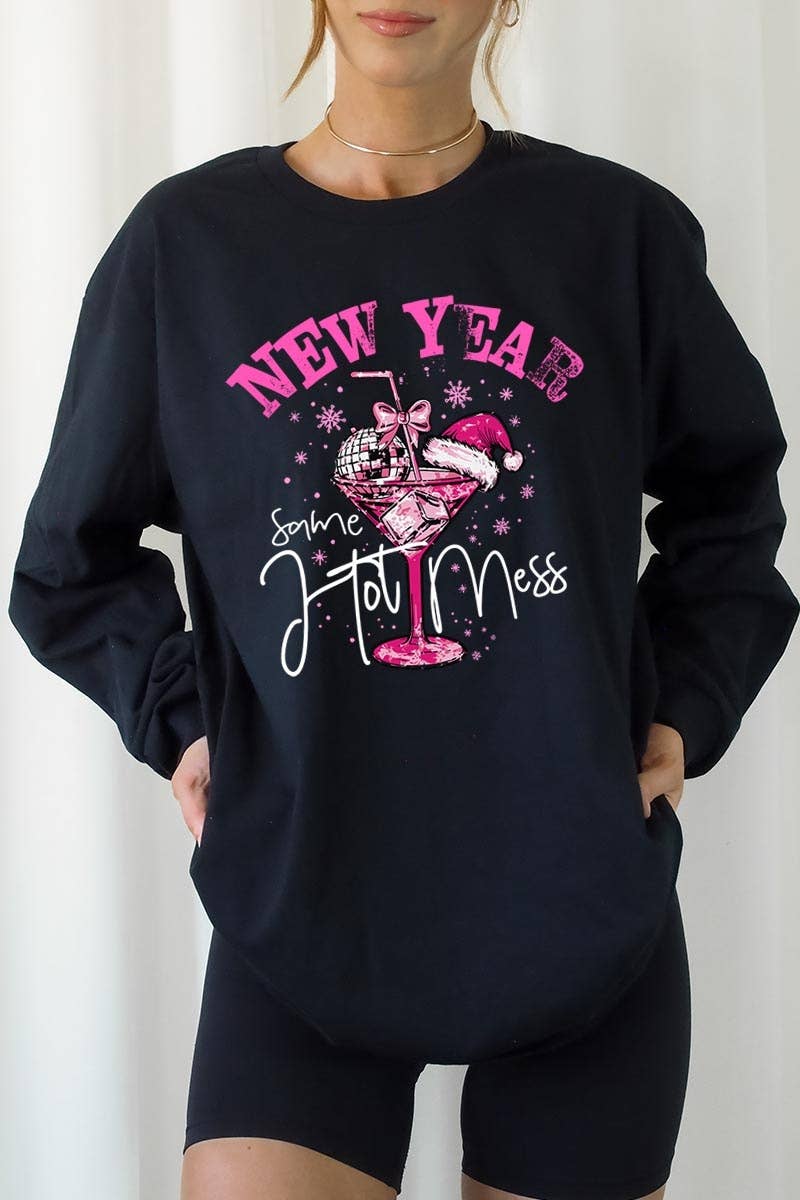 "New Year Same Hot Mess" Hot Pink Graphic on a Black Long Sleeve Tee