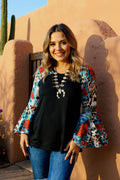 MULTI COLOR RAGLAN LONG BELL SLEEVE BLACK WOMEN'S TOP | Large Only