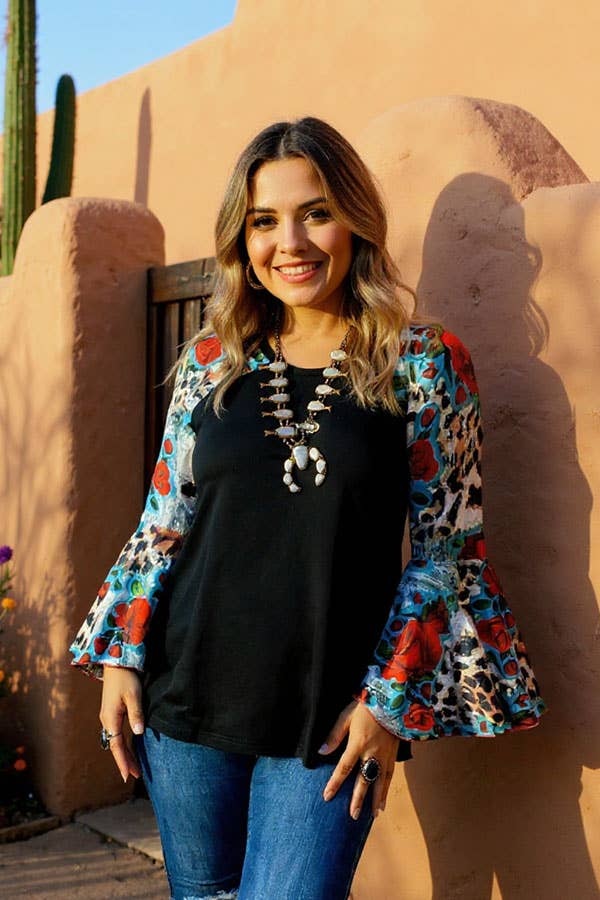 MULTI COLOR RAGLAN LONG BELL SLEEVE BLACK WOMEN'S TOP | Large Only