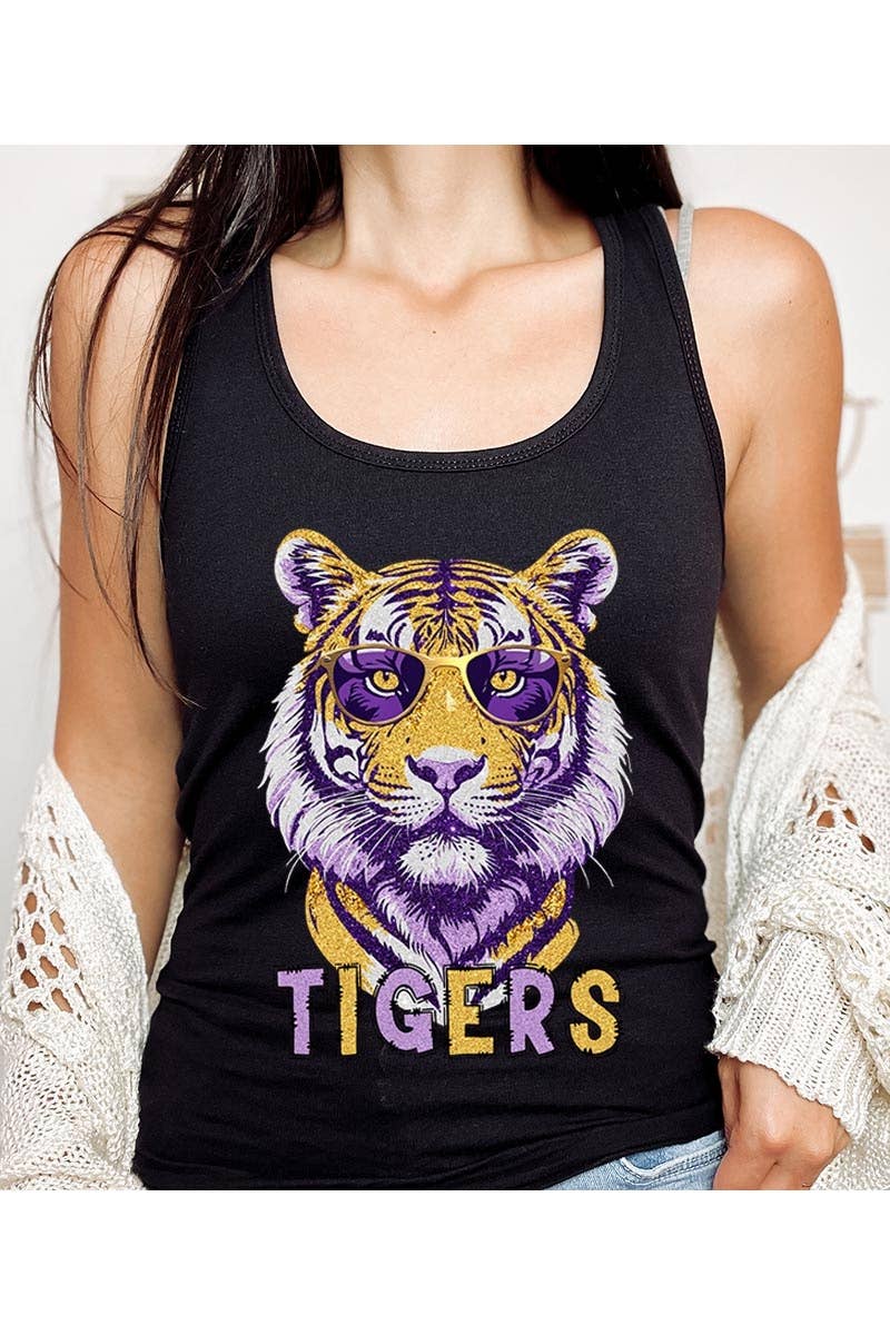 SALE - Black Racerback Graphic T-Shirt with Purple & Gold "TIGERS"