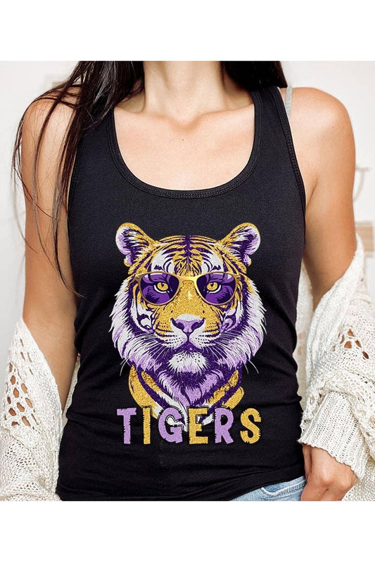 SALE - Black Racerback Graphic T-Shirt with Purple & Gold "TIGERS"