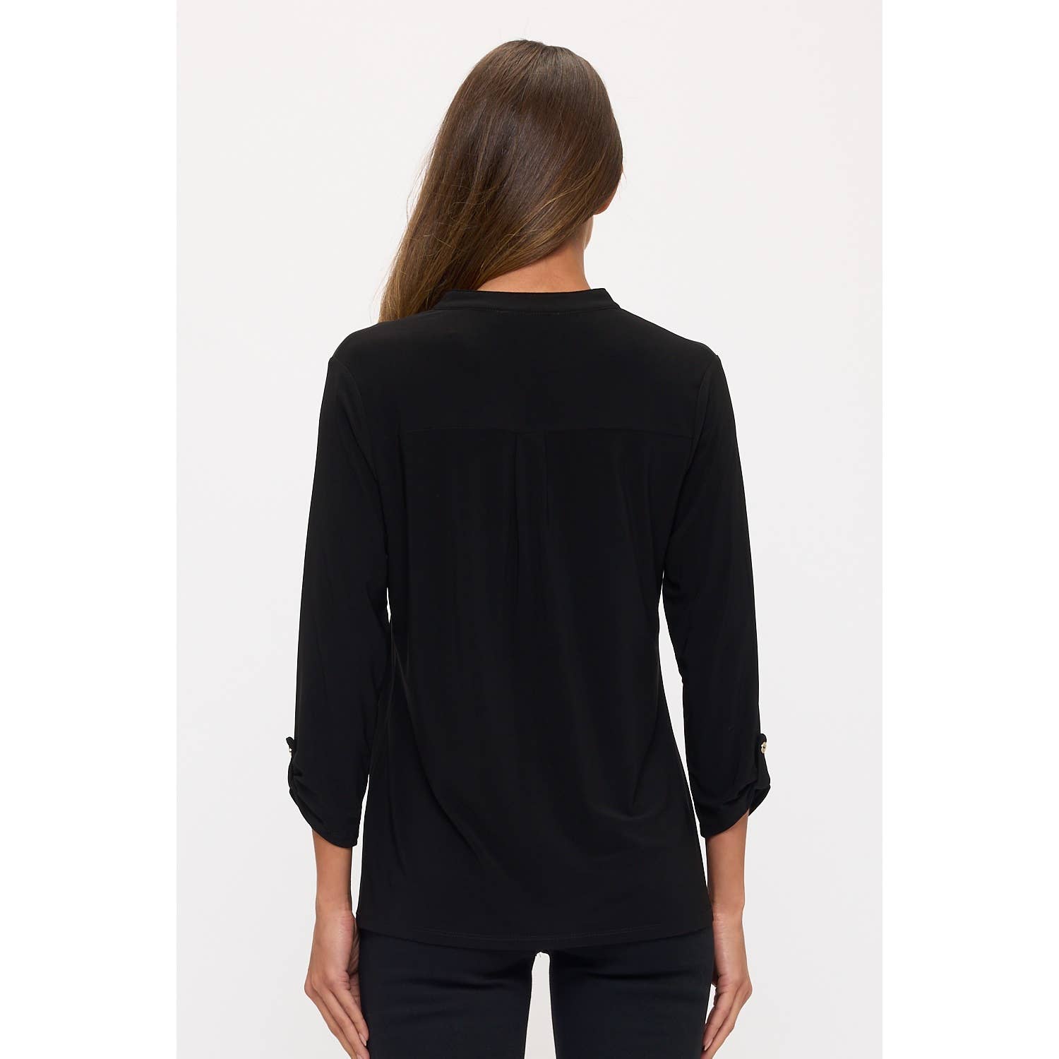 BLACK ROLL TAB HALF PLACKET MANDARIN SHIRT