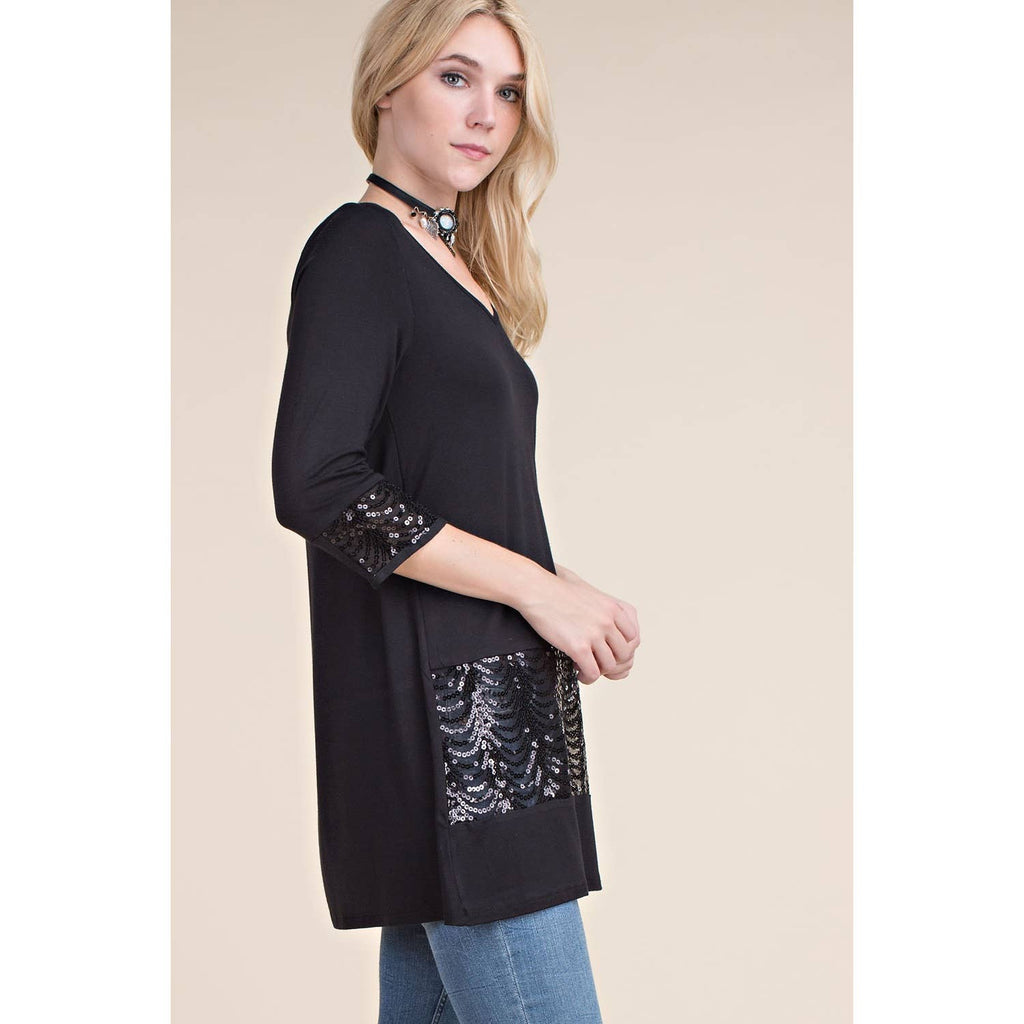 VOCAL BRAND V-NECK TUNIC TOP OR DRESS SEQUIN DETAIL ON SLEEVE & BOTTOM